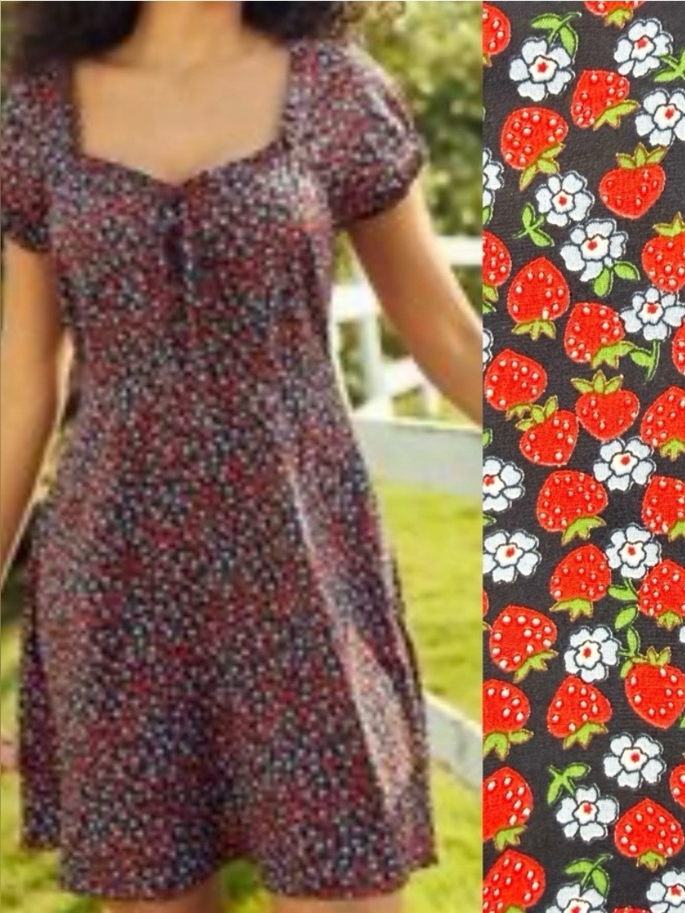 ModCloth Strawberry Print Ruffle Trim Dress Strawberries Picnic Floral Preppy